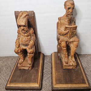 Carved Wood Sculptures of Don Quixote and Sancho Paza Bookends From Literary Cla